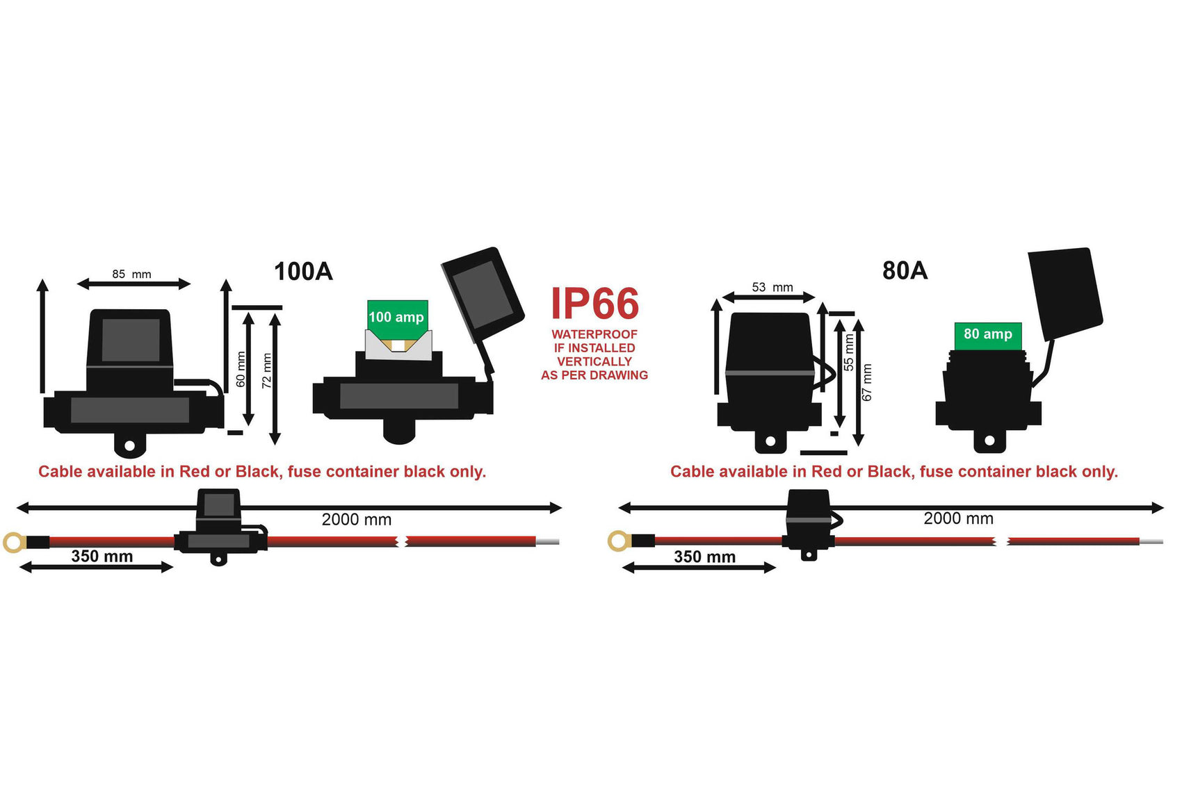 Pre - Made, Pre - Fused (waterproof) 80A and 100A cables